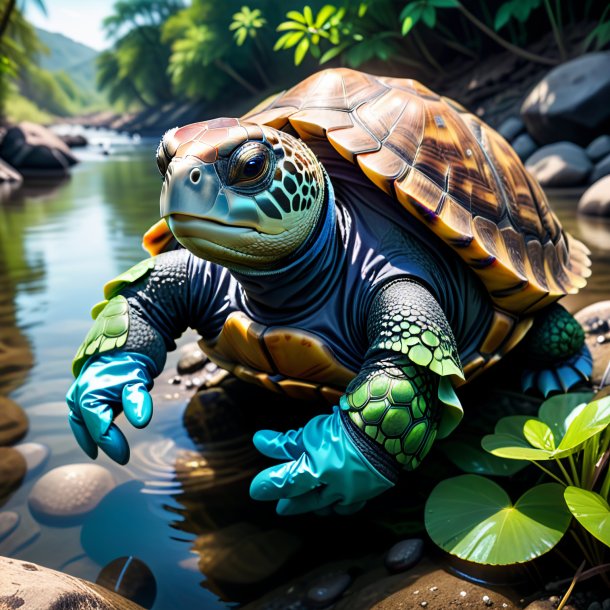 Imagen de la tortuga en los guantes en el río