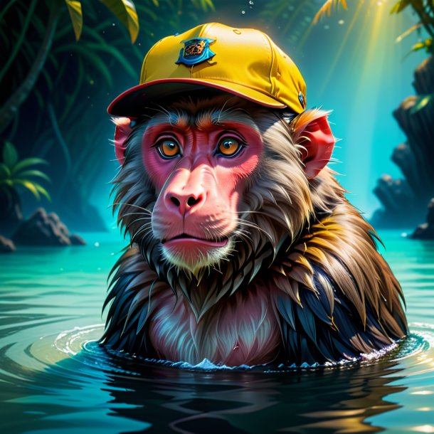 Illustration of a baboon in a cap in the water