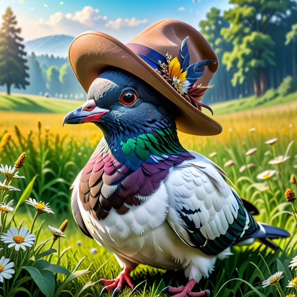 Picture of a pigeon in a hat in the meadow