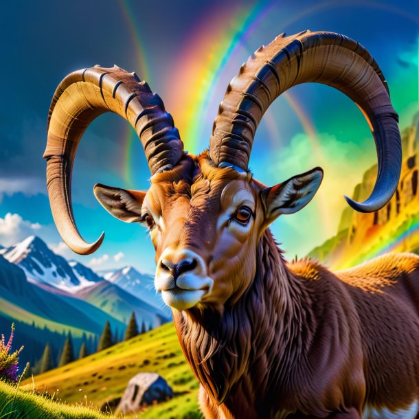 Photo of a ibex in a cap on the rainbow