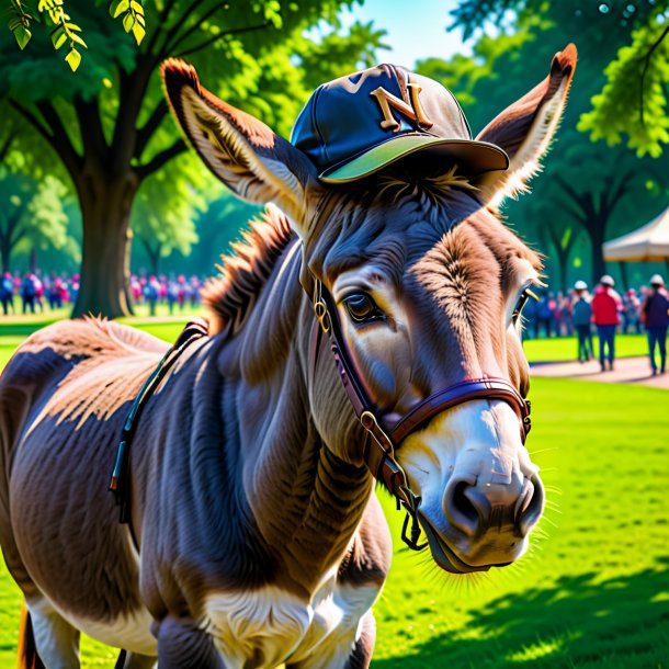 Foto de um burro em um boné no parque