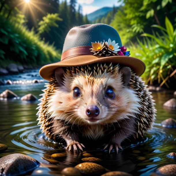 Photo of a hedgehog in a hat in the river