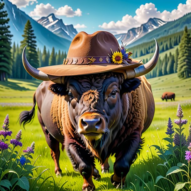 Picture of a bison in a hat in the meadow