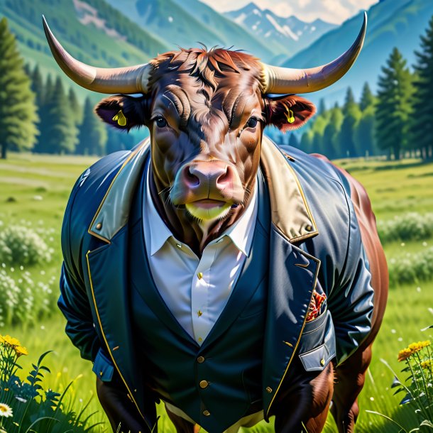 Image of a bull in a jacket in the meadow