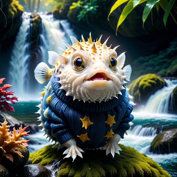 Image of a pufferfish in a sweater in the waterfall