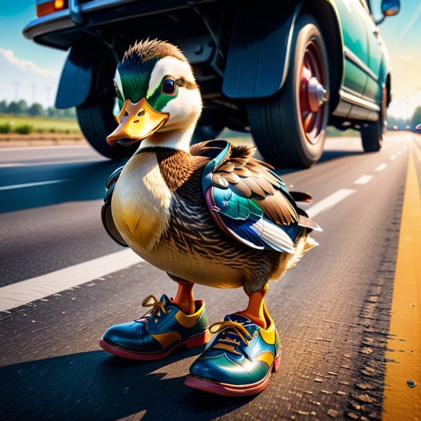 Imagen de un pato en los zapatos en la carretera