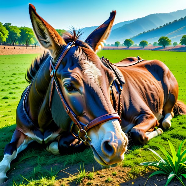 Image of a sleeping of a mule on the field