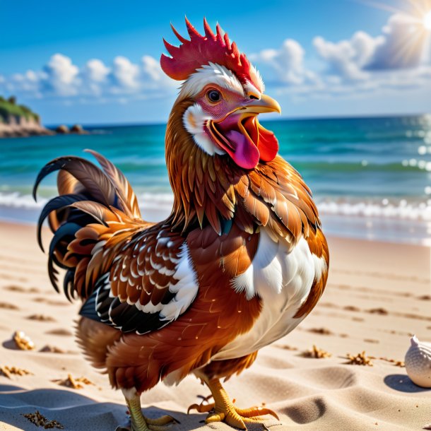 Photo of a smiling of a hen on the beach