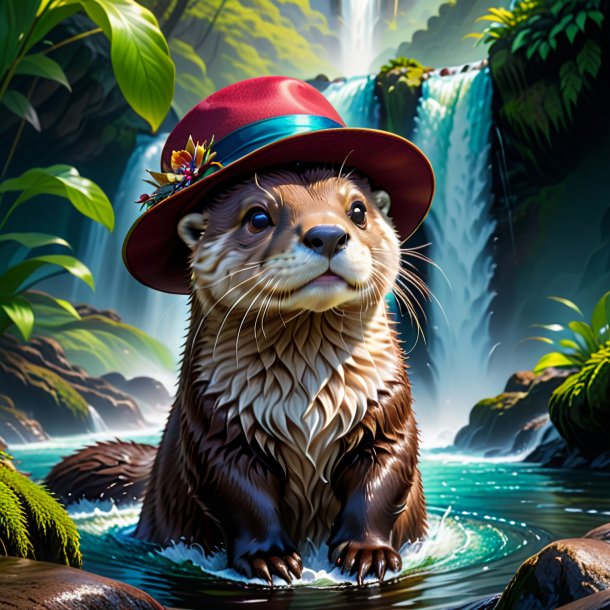 Drawing of a otter in a hat in the waterfall