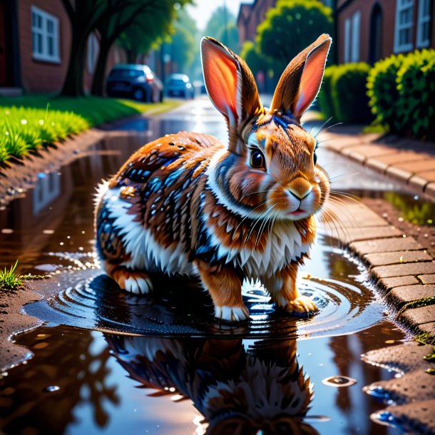 Picture of a rabbit in a gloves in the puddle