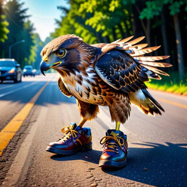 Imagem de um falcão em um sapatos na estrada