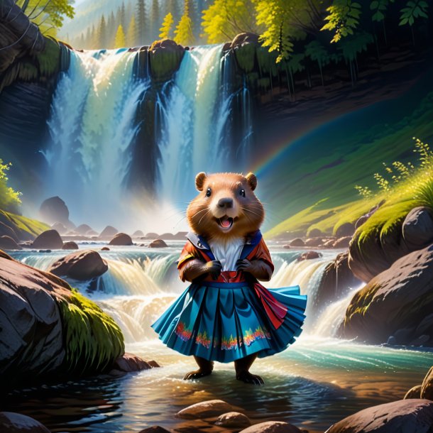 Picture of a beaver in a skirt in the waterfall