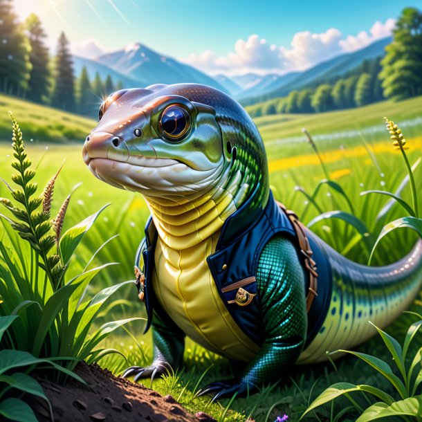 Drawing of a eel in a vest in the meadow