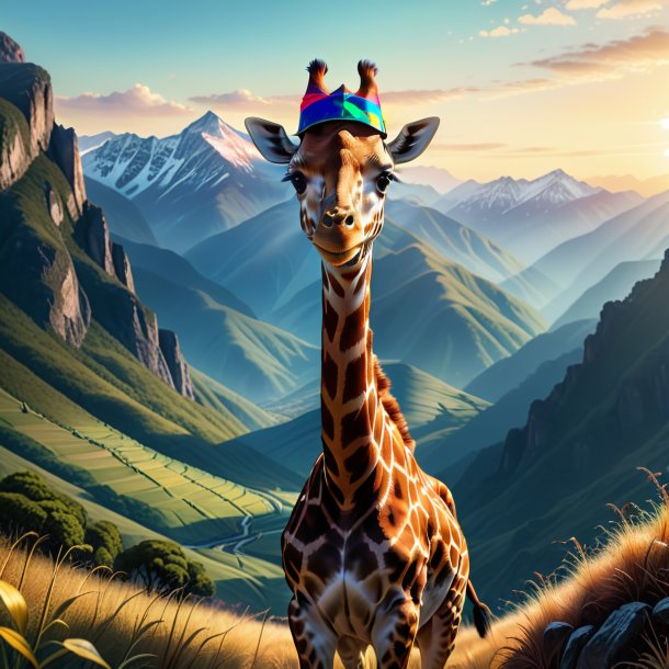 Drawing of a giraffe in a cap in the mountains