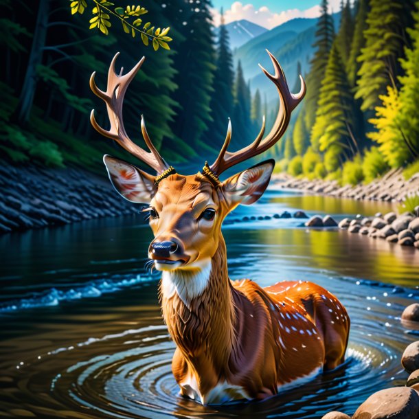 Picture of a deer in a hat in the river