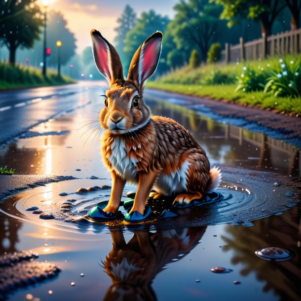 Photo of a hare in a shoes in the puddle