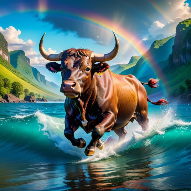 Image of a swimming of a bull on the rainbow