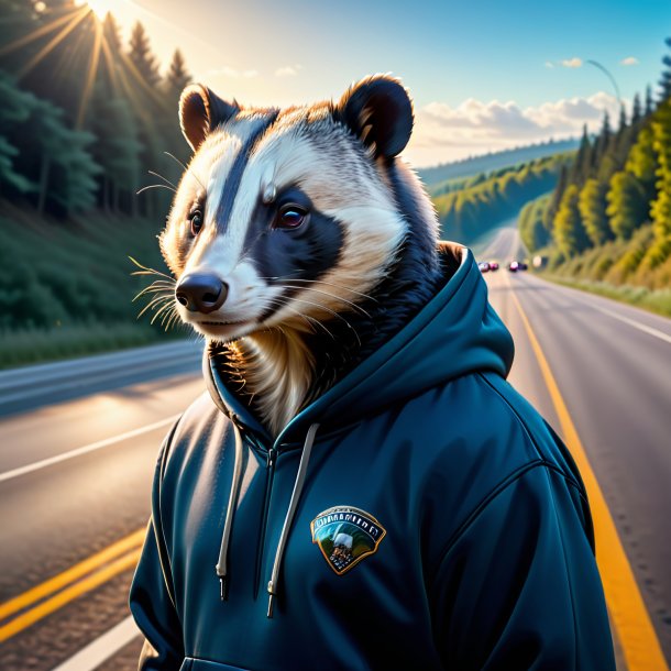 Pic d'un blaireau dans un sweat à capuche sur l'autoroute