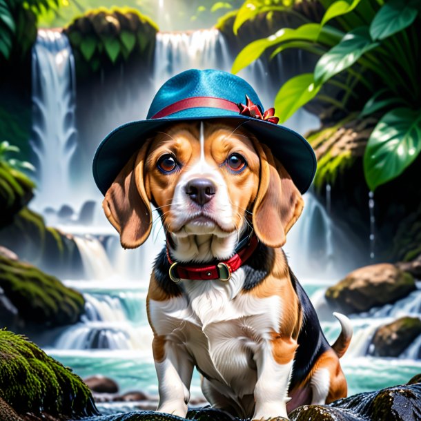 Photo of a beagle in a hat in the waterfall