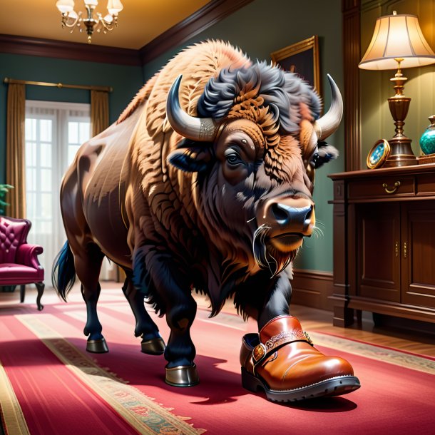 Illustration of a bison in a shoes in the house