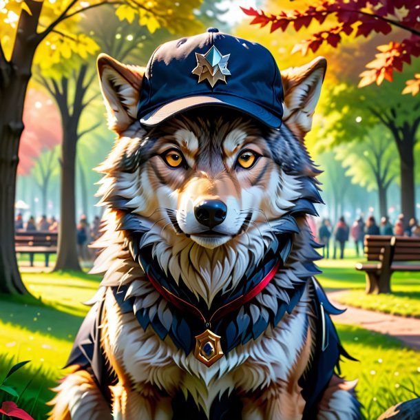 Photo of a wolf in a cap in the park