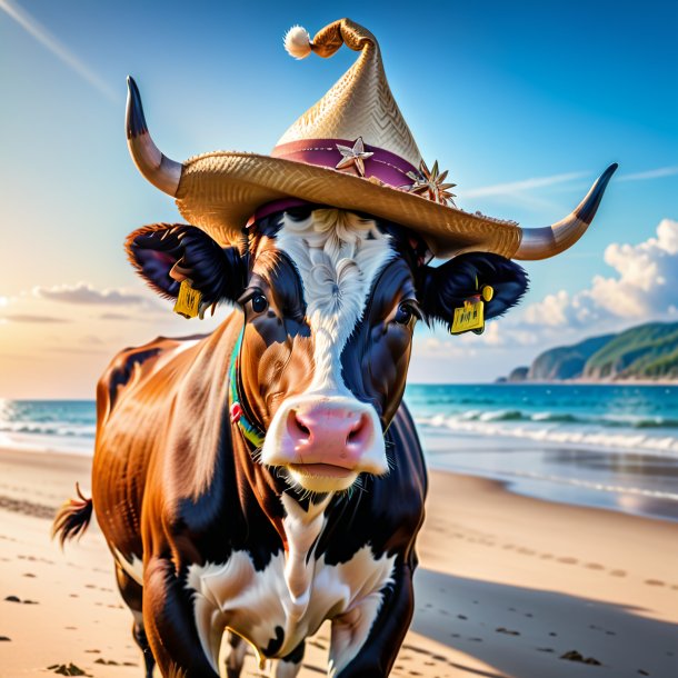 Foto de uma vaca em um chapéu na praia