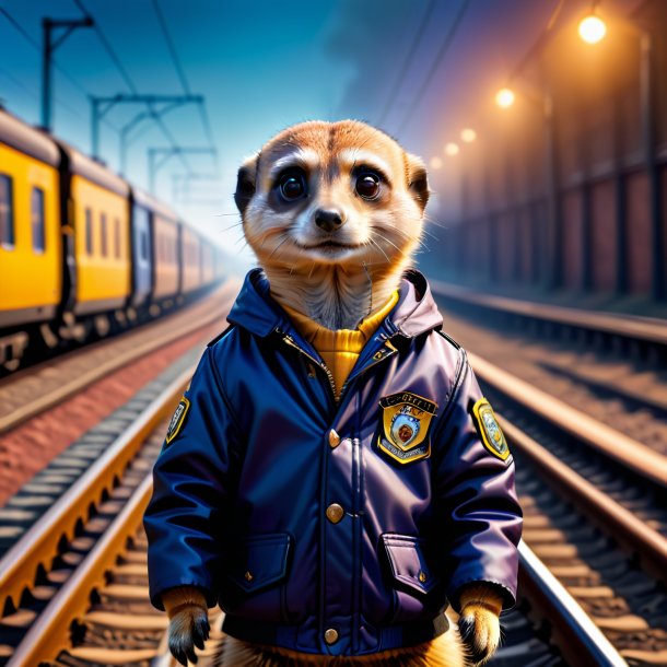 Picture of a meerkat in a jacket on the railway tracks