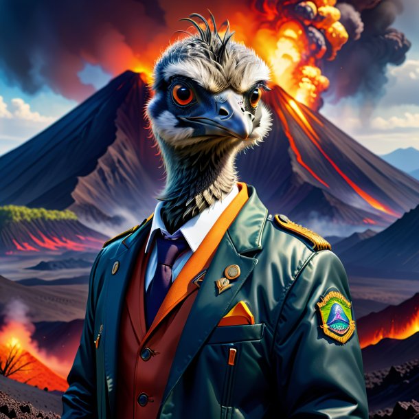 Illustration of a emu in a jacket in the volcano