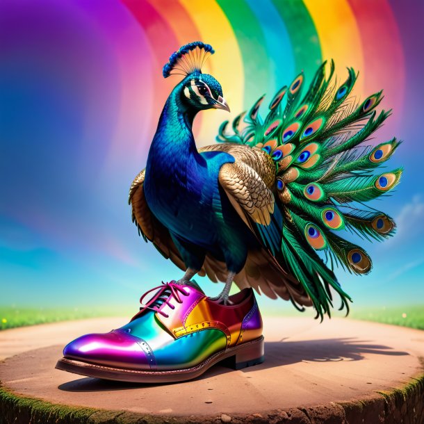 Imagen de un pavo real en un zapato en el arco iris