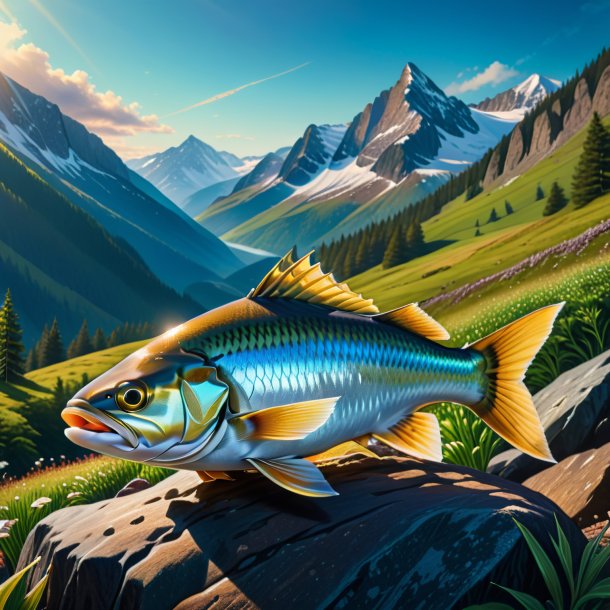 Desenho de um haddock em um boné nas montanhas