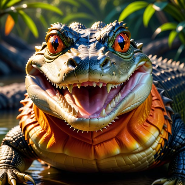 Foto de um jacaré sorridente laranja