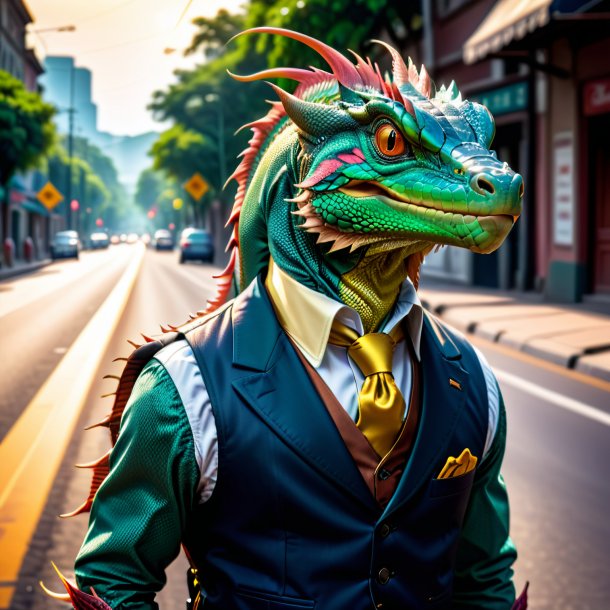 Image of a basilisk in a vest on the road