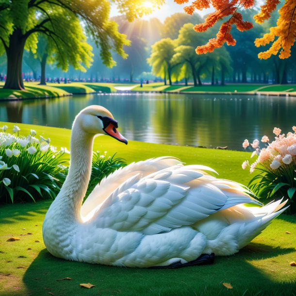 Image of a sleeping of a swan in the park