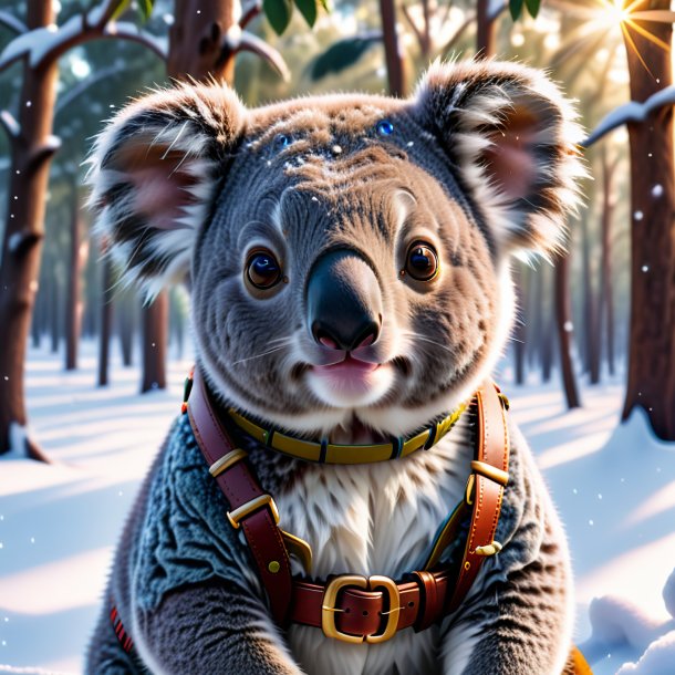 Photo of a koala in a belt in the snow