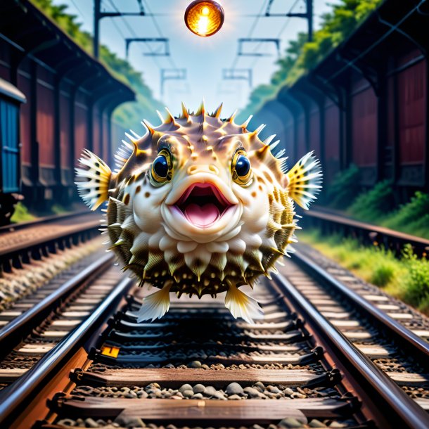 Picture of a jumping of a pufferfish on the railway tracks