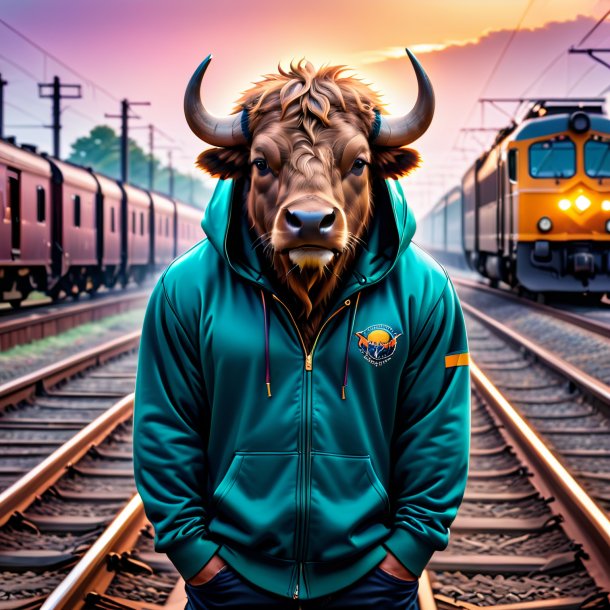 Foto de um búfalo em um hoodie nos trilhos ferroviários