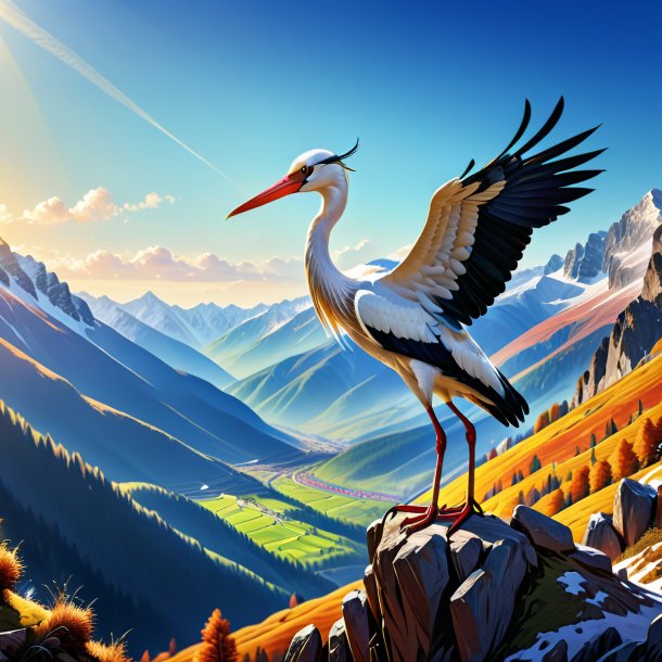 Drawing of a stork in a gloves in the mountains