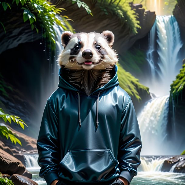 Image of a badger in a hoodie in the waterfall