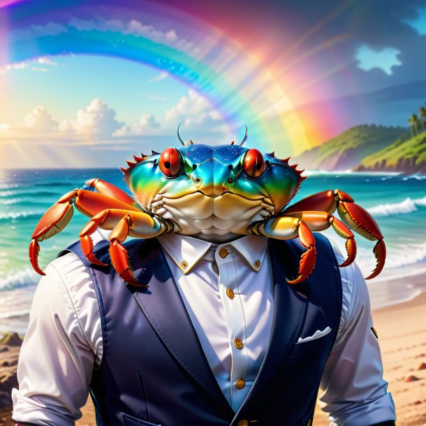 Illustration of a crab in a vest on the rainbow