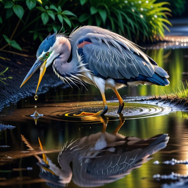 Picture of a drinking of a heron in the puddle