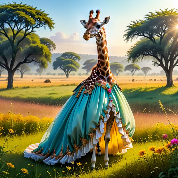 Picture of a giraffe in a dress in the meadow