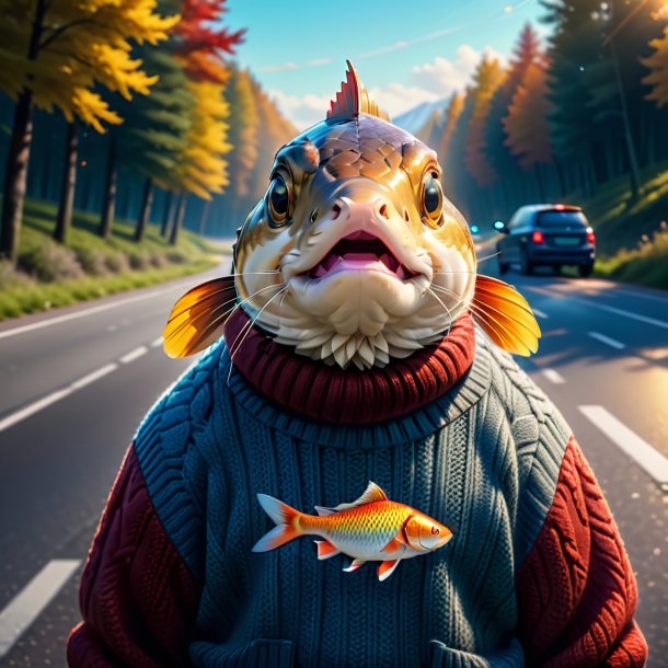 Illustration of a carp in a sweater on the road