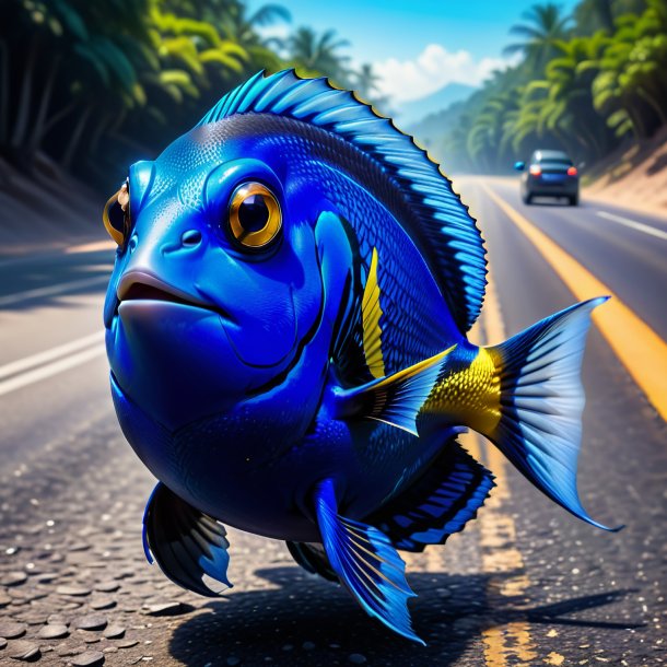 Photo of a blue tang in a vest on the road