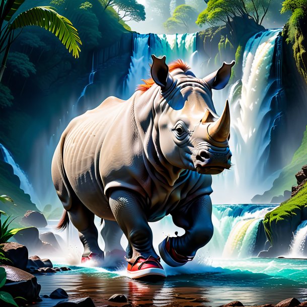 Photo of a rhinoceros in a shoes in the waterfall