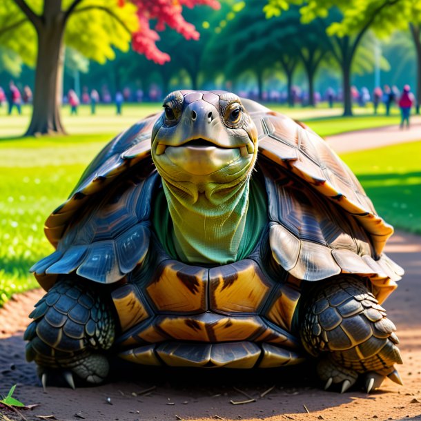 Foto de uma tartaruga em um colete no parque