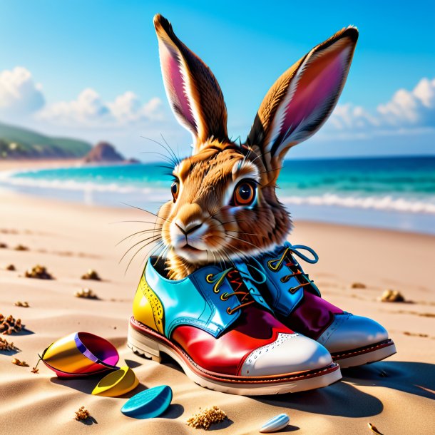 Image of a hare in a shoes on the beach