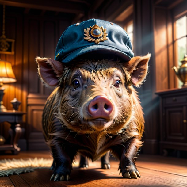 Pic of a boar in a cap in the house