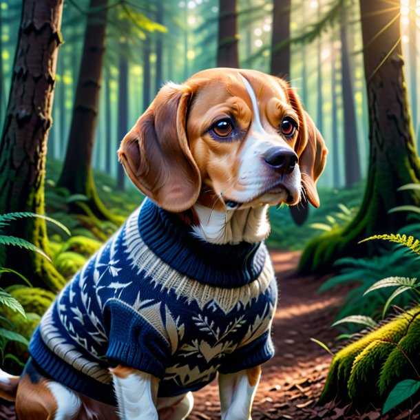 Photo of a beagle in a sweater in the forest