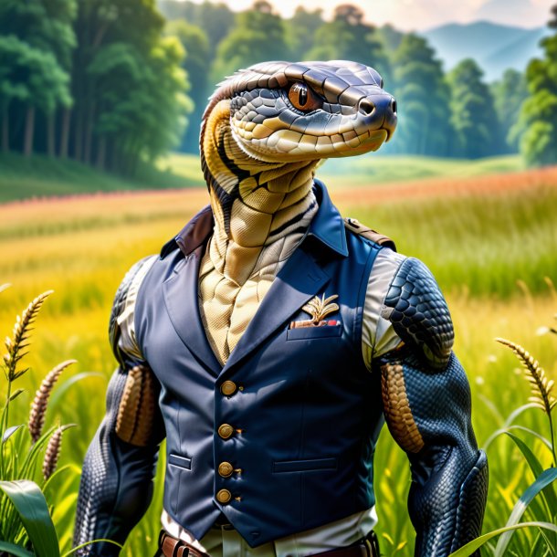 Photo of a cobra in a vest in the meadow