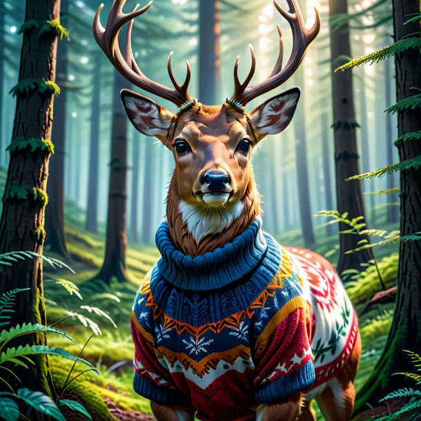 Pic of a deer in a sweater in the forest